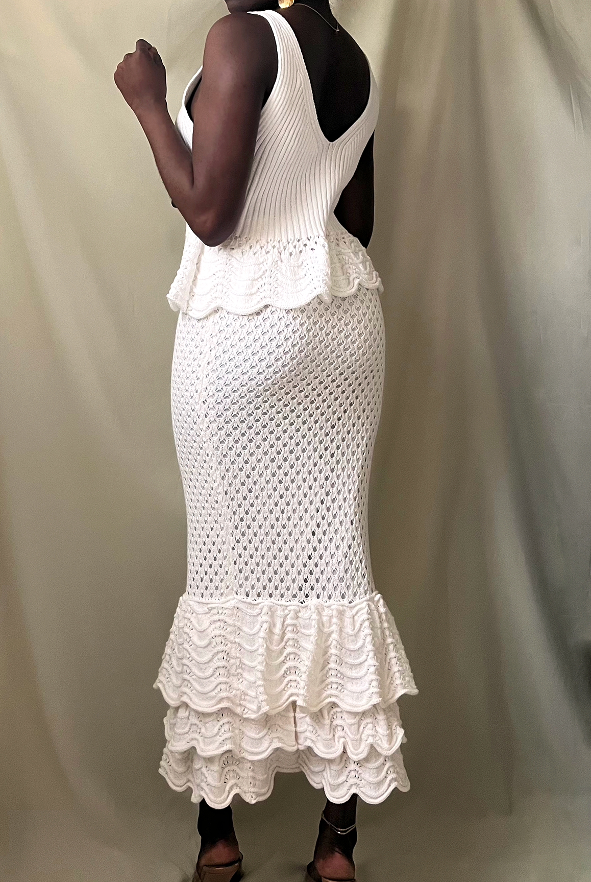 white crochet knit v-neck scallop hem sleeveless top with matching tiered crochet ruffle midi skirt set