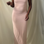 beige sand off the shoulder twisted strap fitted long dress