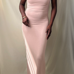 beige sand off the shoulder twisted strap fitted long dress