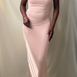 beige sand off the shoulder twisted strap fitted long dress