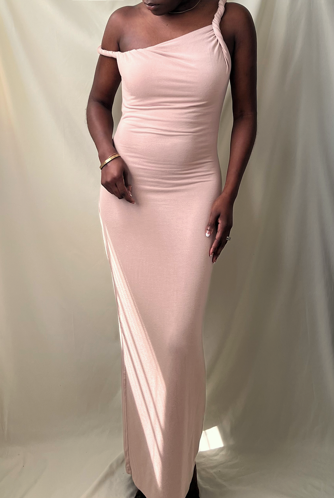 beige sand off the shoulder twisted strap fitted long dress