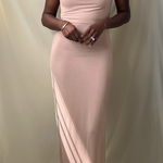 beige sand off the shoulder twisted strap fitted long dress