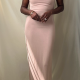 beige sand off the shoulder twisted strap fitted long dress