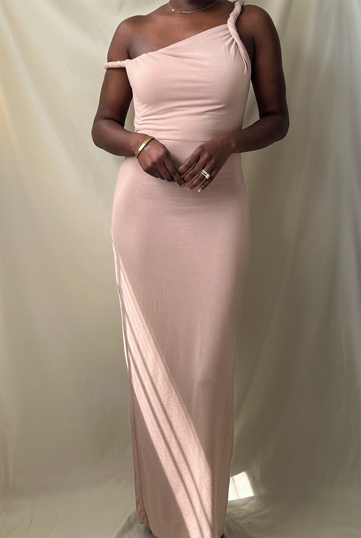 beige sand off the shoulder twisted strap fitted long dress