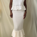 white crochet knit v-neck scallop hem sleeveless top with matching tiered crochet ruffle midi skirt set