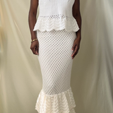 white crochet knit v-neck scallop hem sleeveless top with matching tiered crochet ruffle midi skirt set