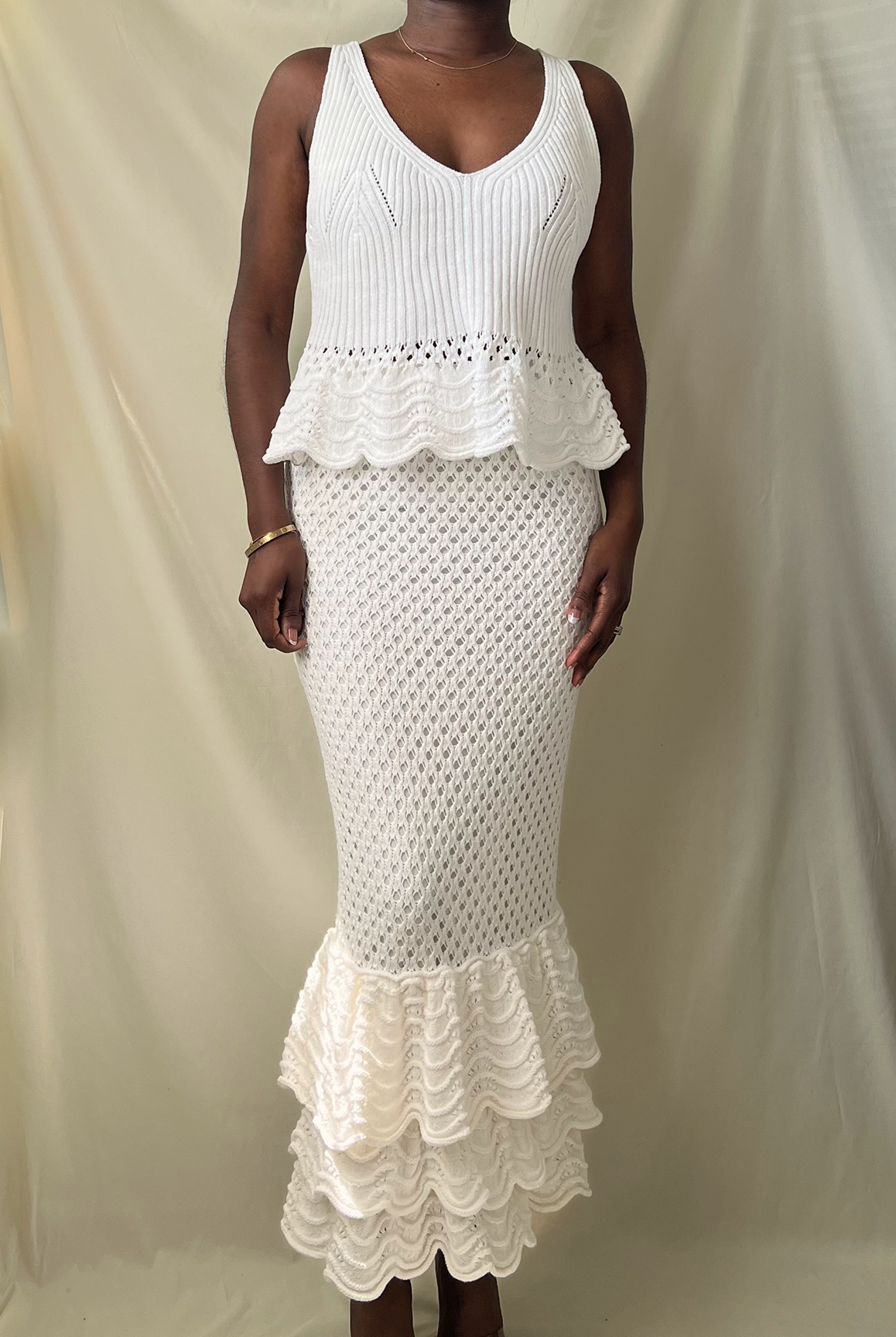 white crochet knit v-neck scallop hem sleeveless top with matching tiered crochet ruffle midi skirt set