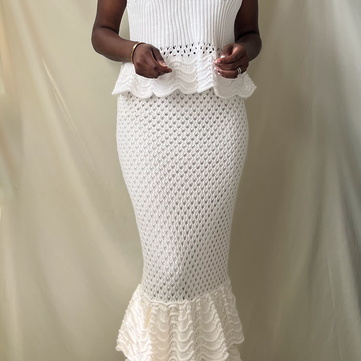 white crochet knit v-neck scallop hem sleeveless top with matching tiered crochet ruffle midi skirt set