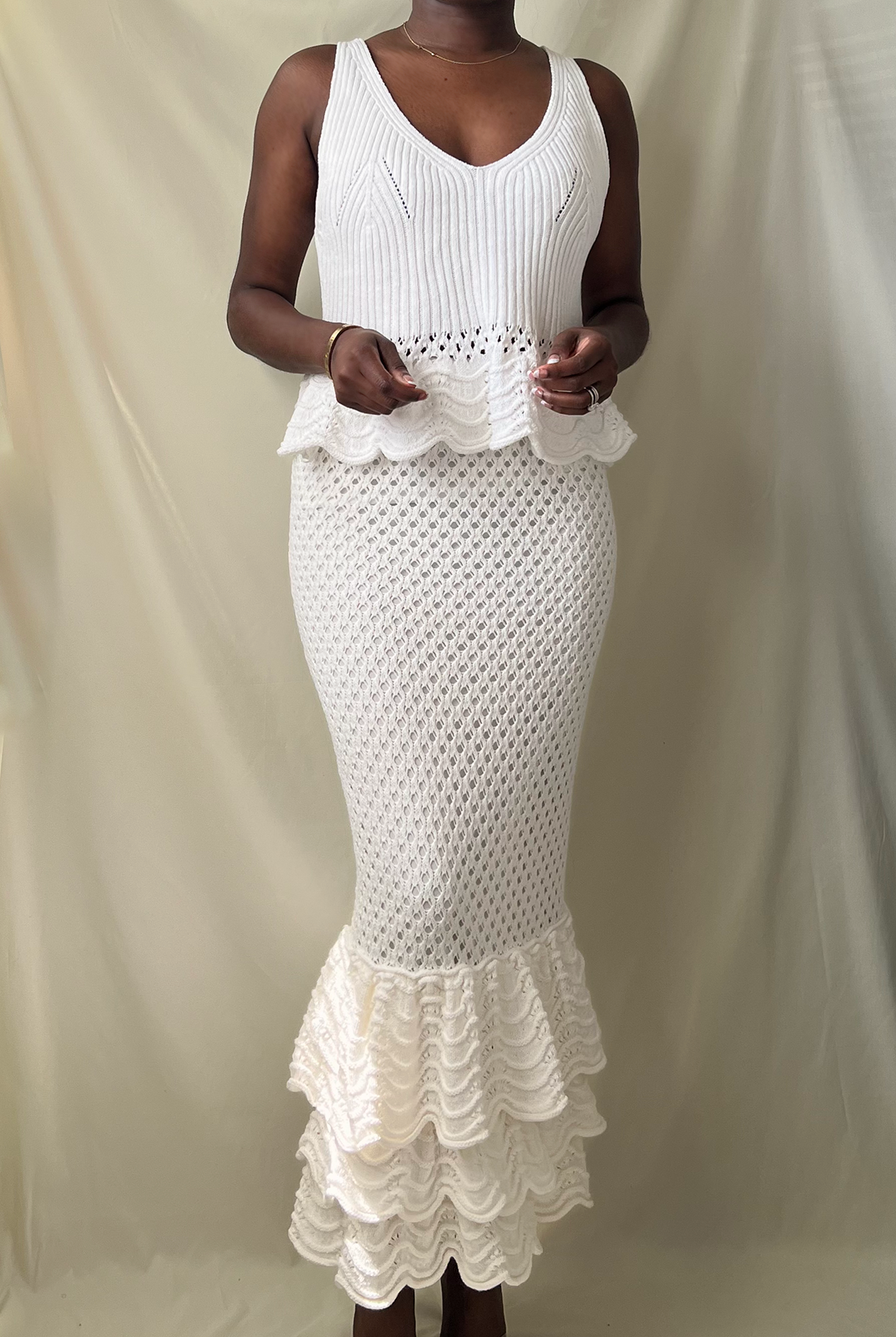 white crochet knit v-neck scallop hem sleeveless top with matching tiered crochet ruffle midi skirt set