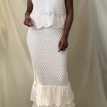 white crochet knit v-neck scallop hem sleeveless top with matching tiered crochet ruffle midi skirt set