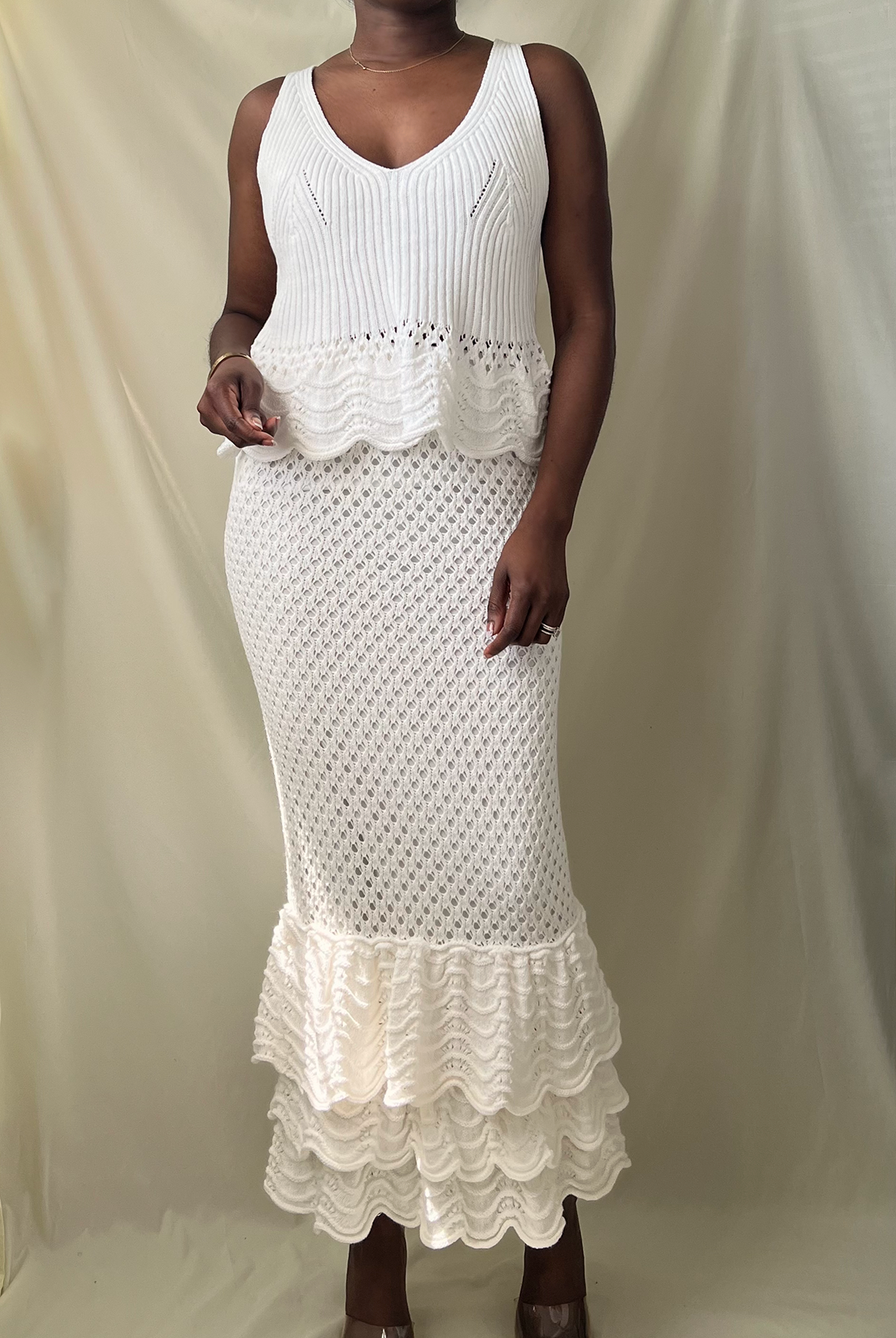 white crochet knit v-neck scallop hem sleeveless top with matching tiered crochet ruffle midi skirt set