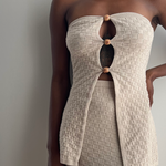 sand woven ribbed knit strapless tube top, wood bead detail, woven knit maxi skirt set