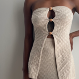 sand woven ribbed knit strapless tube top, wood bead detail, woven knit maxi skirt set