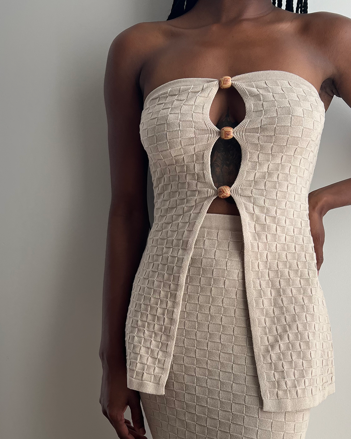 sand woven ribbed knit strapless tube top, wood bead detail, woven knit maxi skirt set