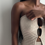 sand woven ribbed knit strapless tube top, wood bead detail, woven knit maxi skirt set
