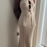 sand woven ribbed knit strapless tube top, wood bead detail, woven knit maxi skirt set