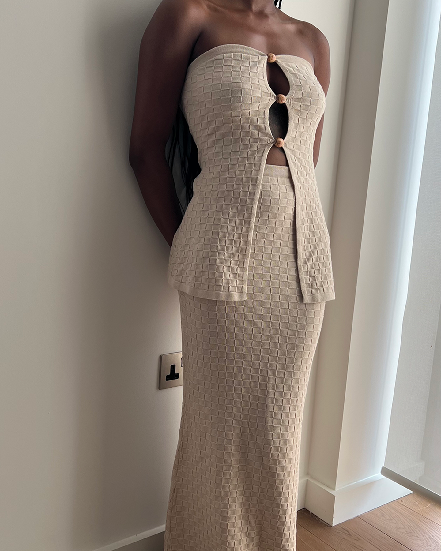 sand woven ribbed knit strapless tube top, wood bead detail, woven knit maxi skirt set