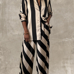 black and tan striped satin wide leg pant set with matching oversized button up shirt