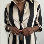 black and tan striped satin wide leg pant set with matching oversized button up shirt