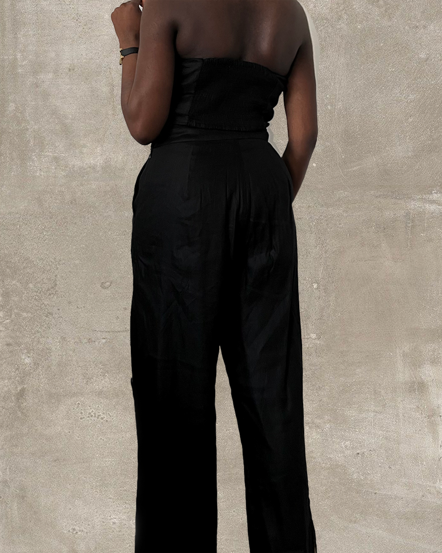 black strapless button up cropped vest with matching high waist pant set