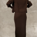 chocolate brown cable knit cardigan bralette and maxi skirt set