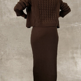 chocolate brown cable knit cardigan bralette and maxi skirt set