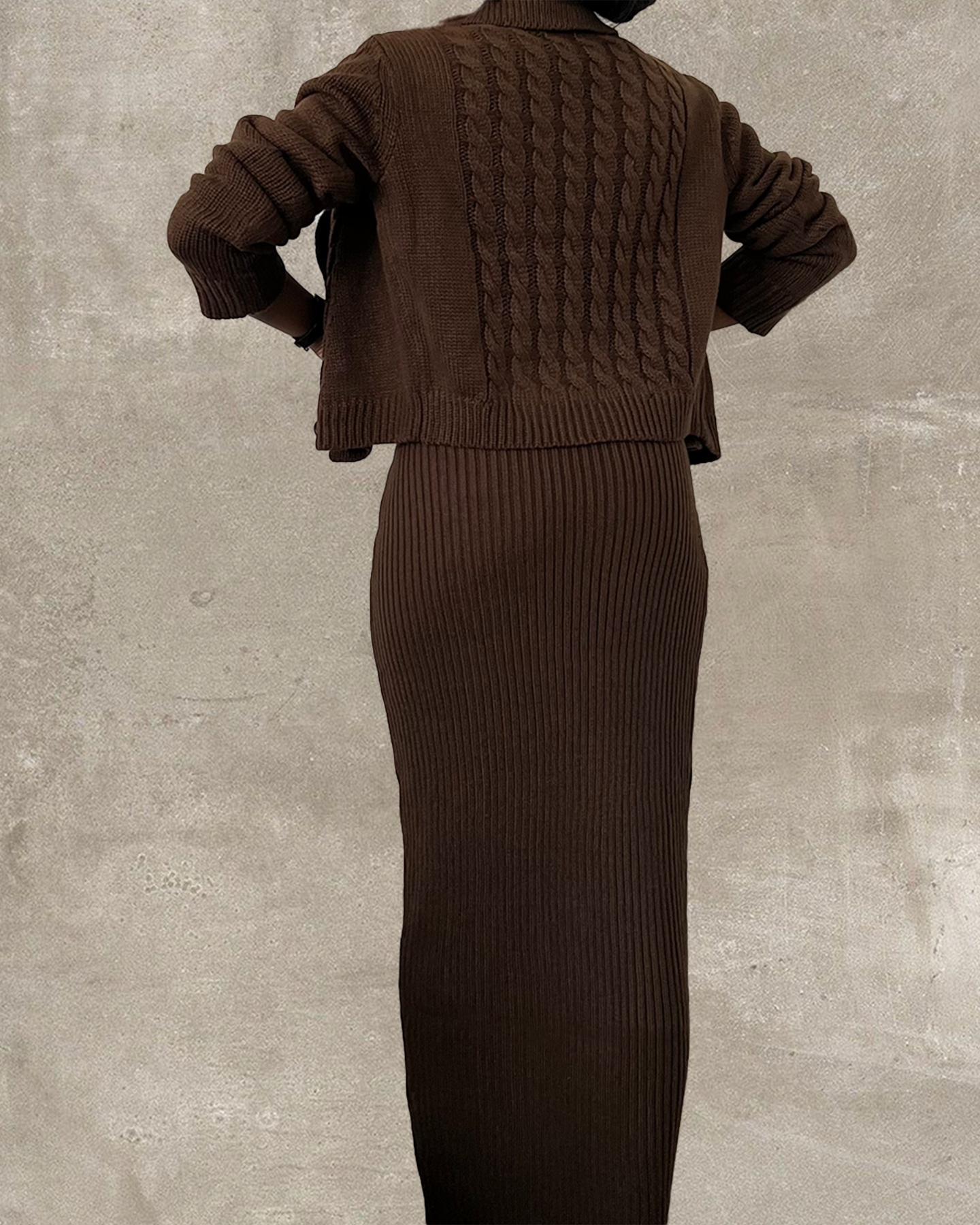 chocolate brown cable knit cardigan bralette and maxi skirt set