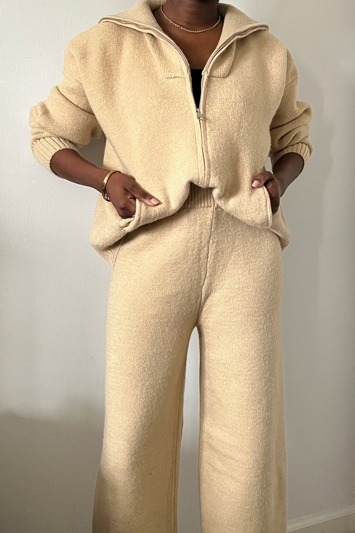 sand tan knitwear zip up top and pant set