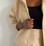 sand tan knitwear zip up top and pant set