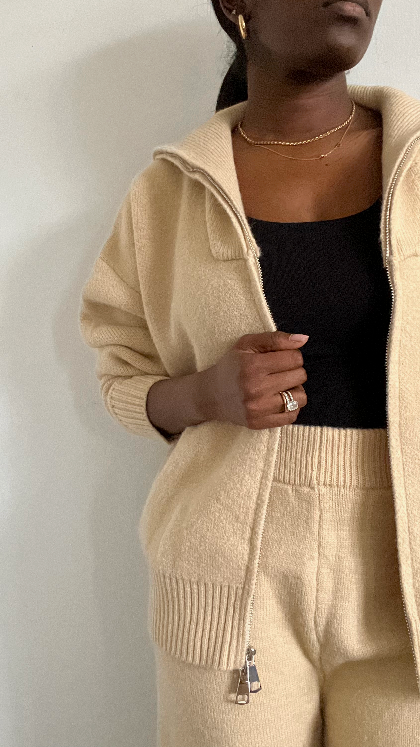 sand tan knitwear zip up top and pant set