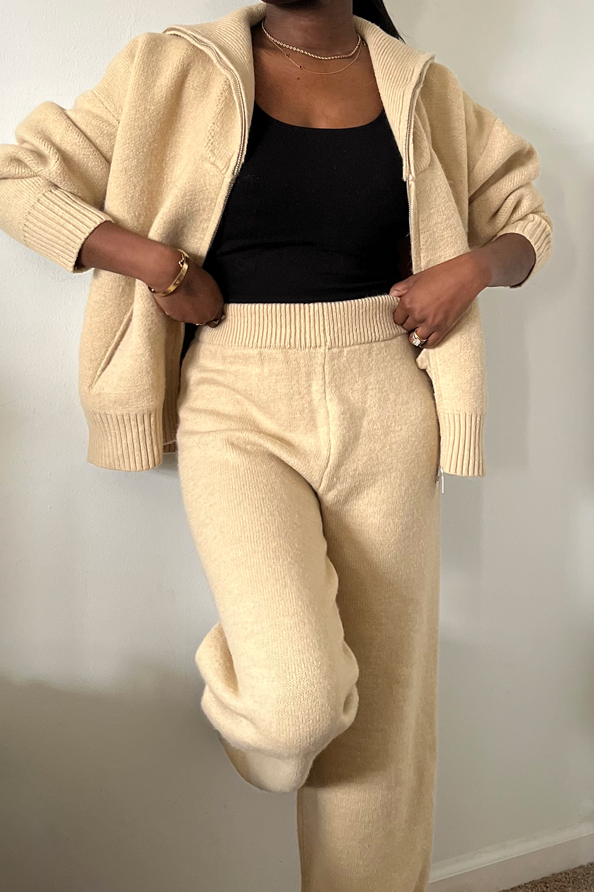 sand tan knitwear zip up top and pant set