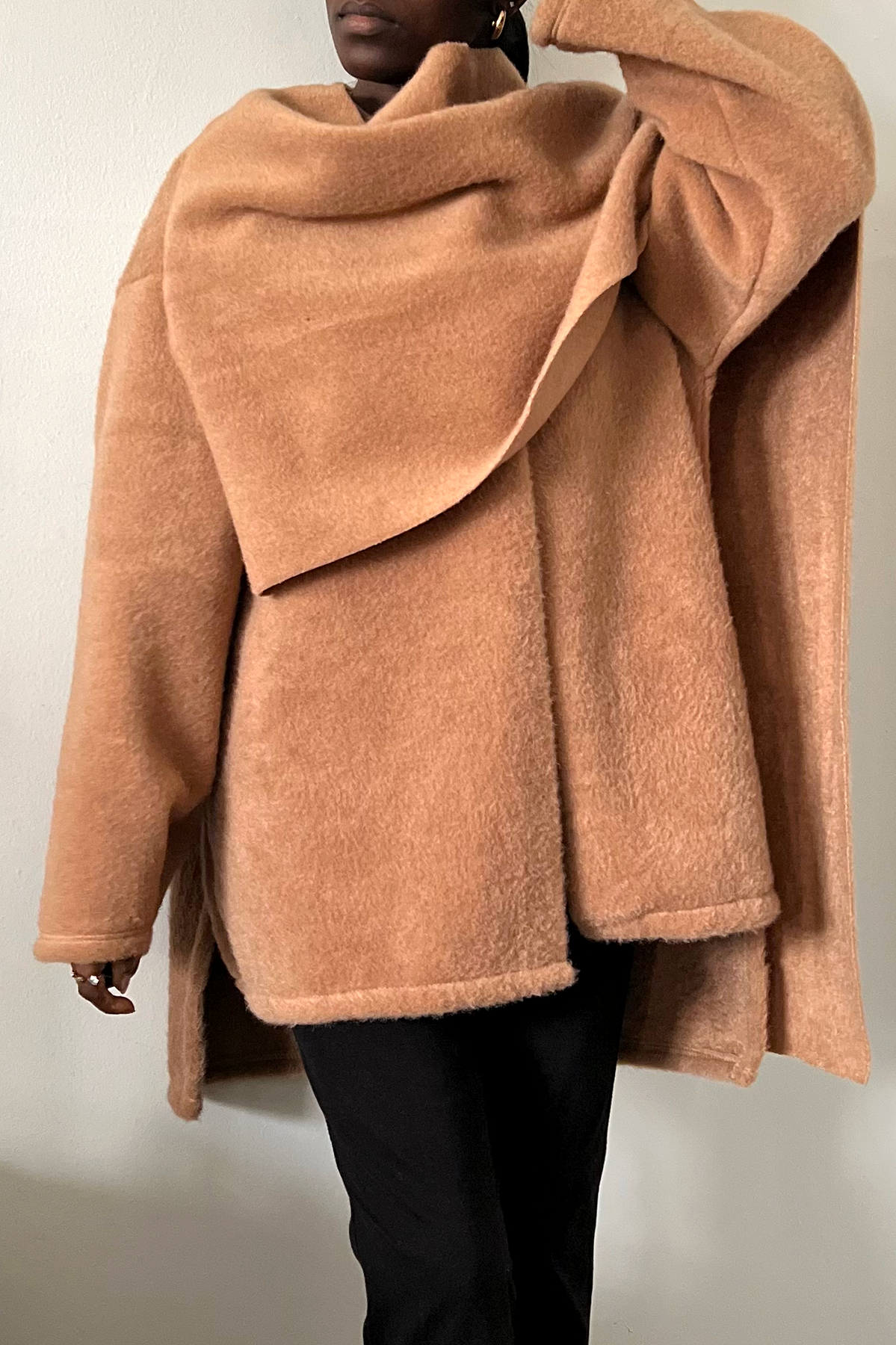 camel knit asymmetrical scarf wrap short jacket