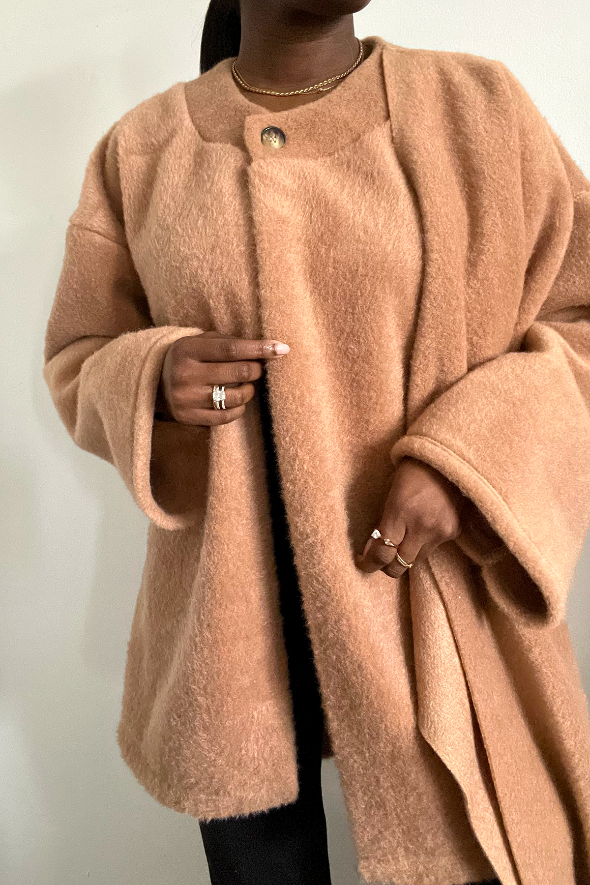 camel knit asymmetrical scarf wrap short jacket