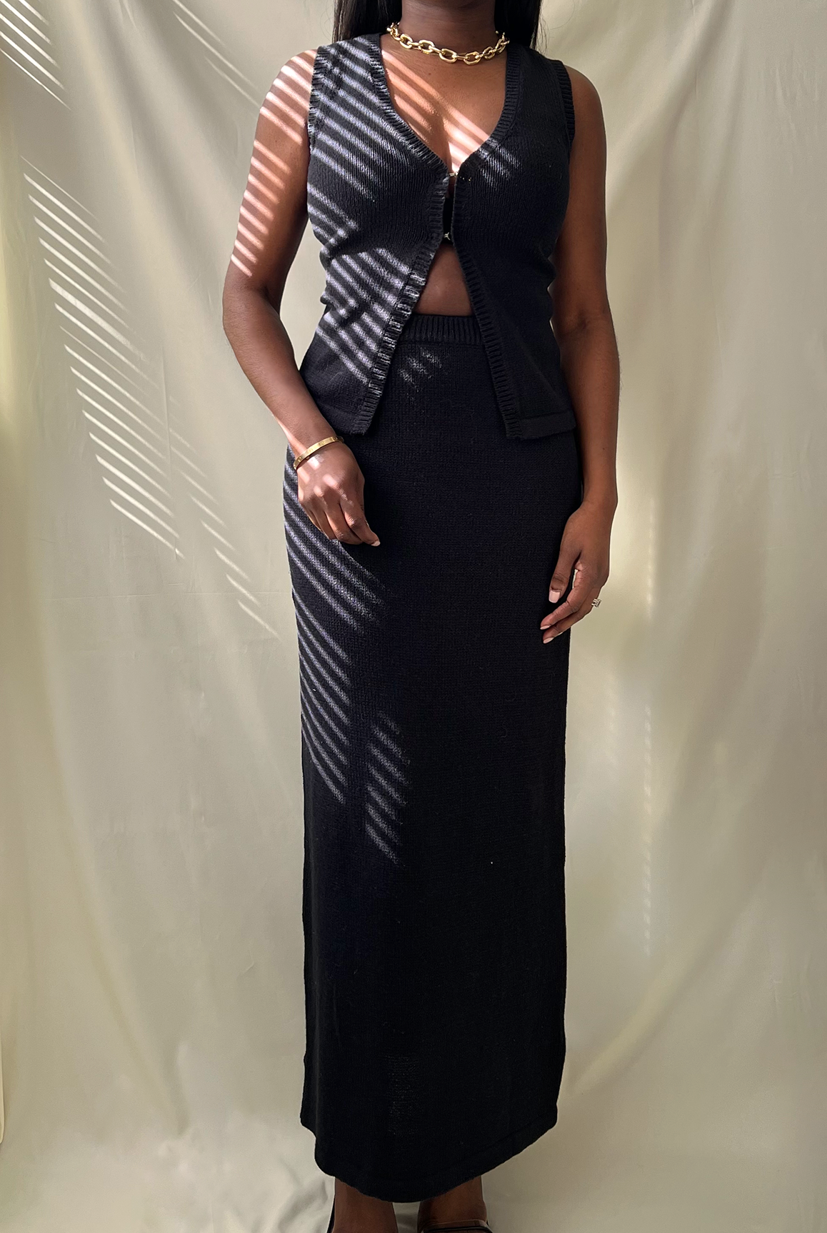 black knit vest maxi skirt set