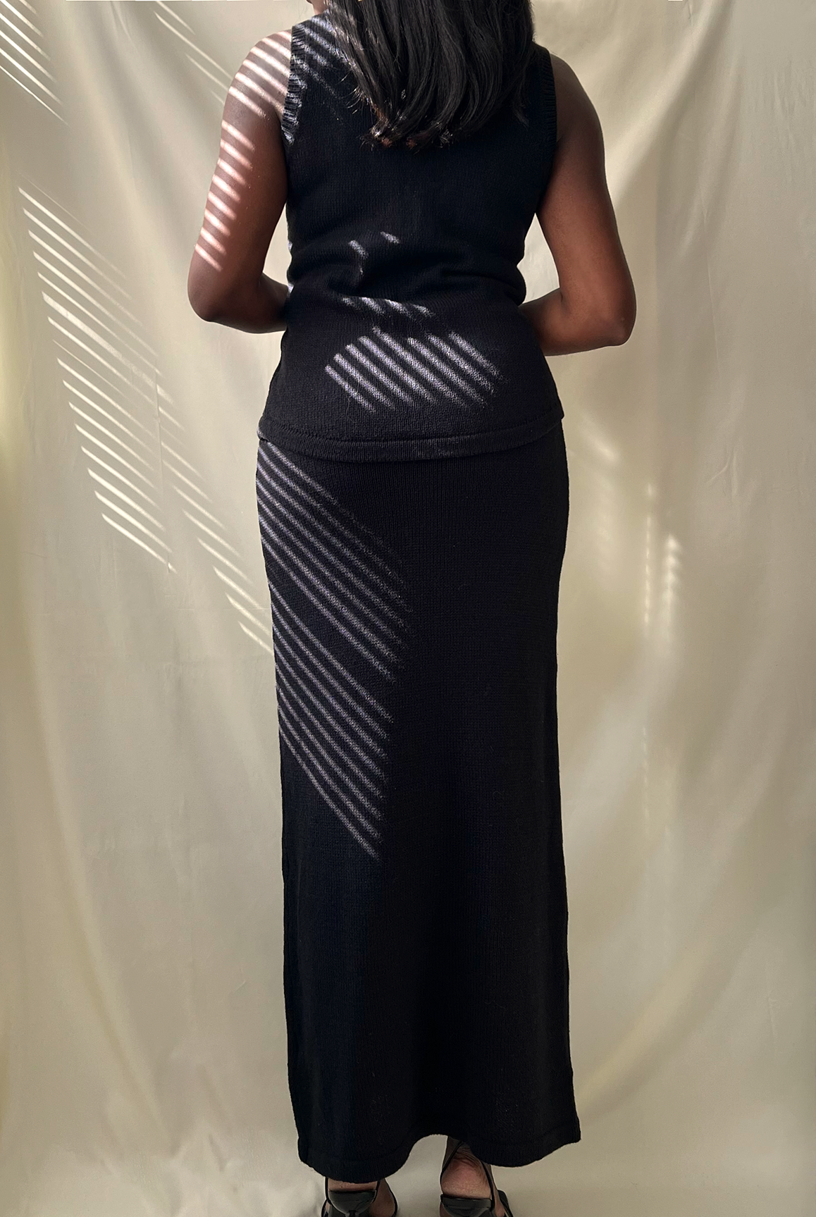 black knit vest maxi skirt set