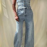 blue denim strapless button up wide leg jumpsuit