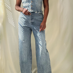 blue denim strapless button up wide leg jumpsuit