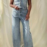 blue denim strapless button up wide leg jumpsuit