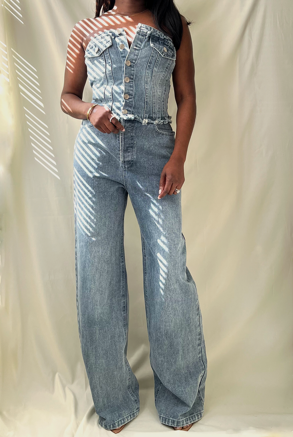 blue denim strapless button up wide leg jumpsuit
