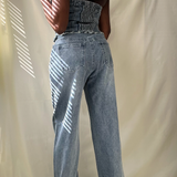 blue denim strapless button up wide leg jumpsuit