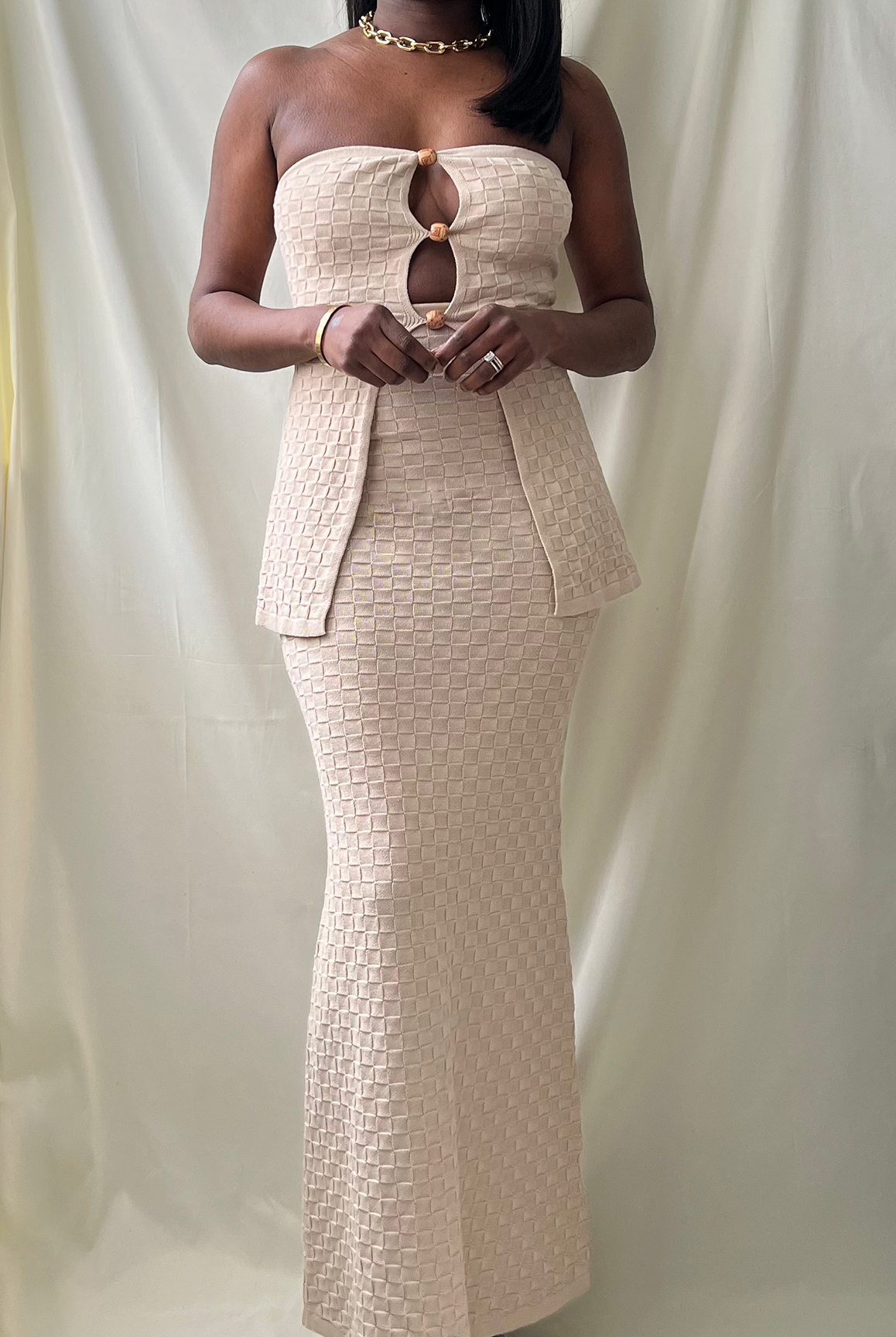sand woven ribbed knit strapless tube top, wood bead detail, woven knit maxi skirt set