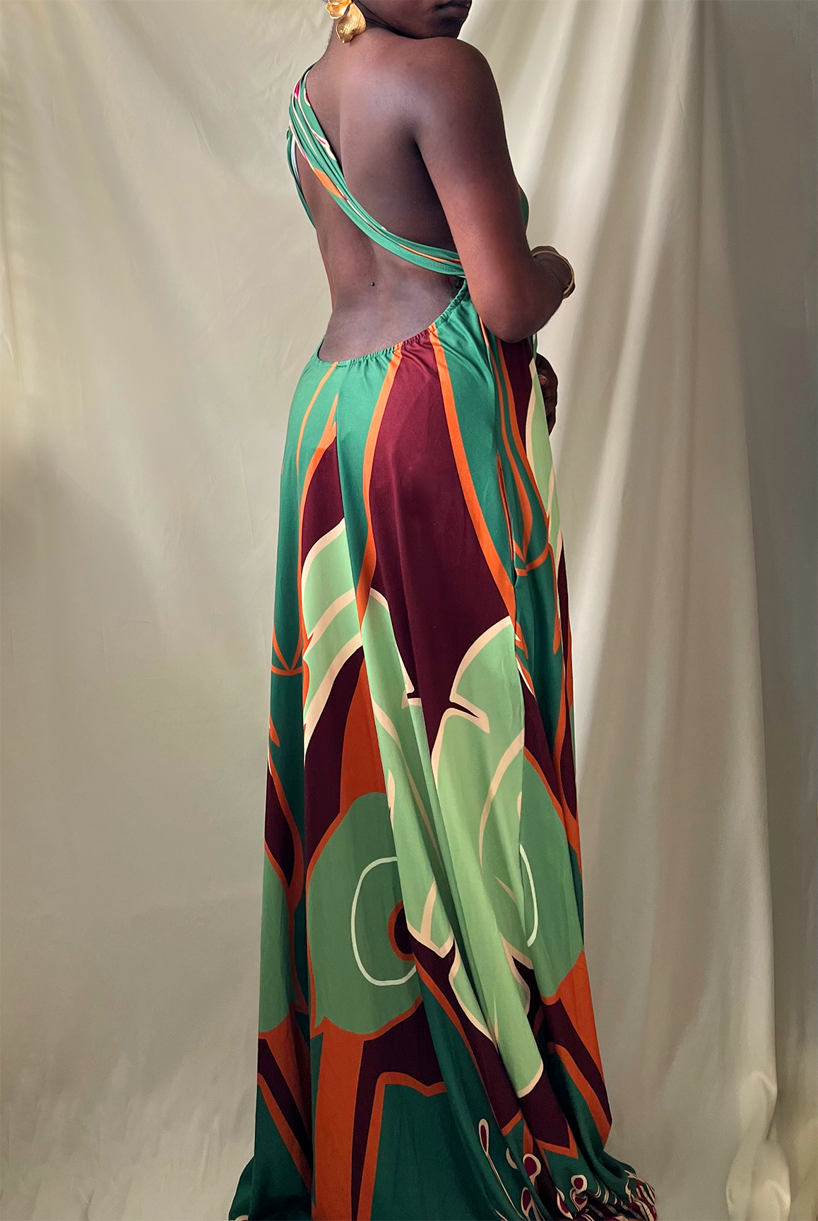 sage green printed open back halter maxi dress