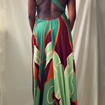 sage green printed open back halter maxi dress