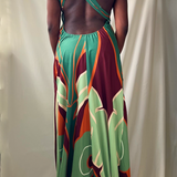 sage green printed open back halter maxi dress