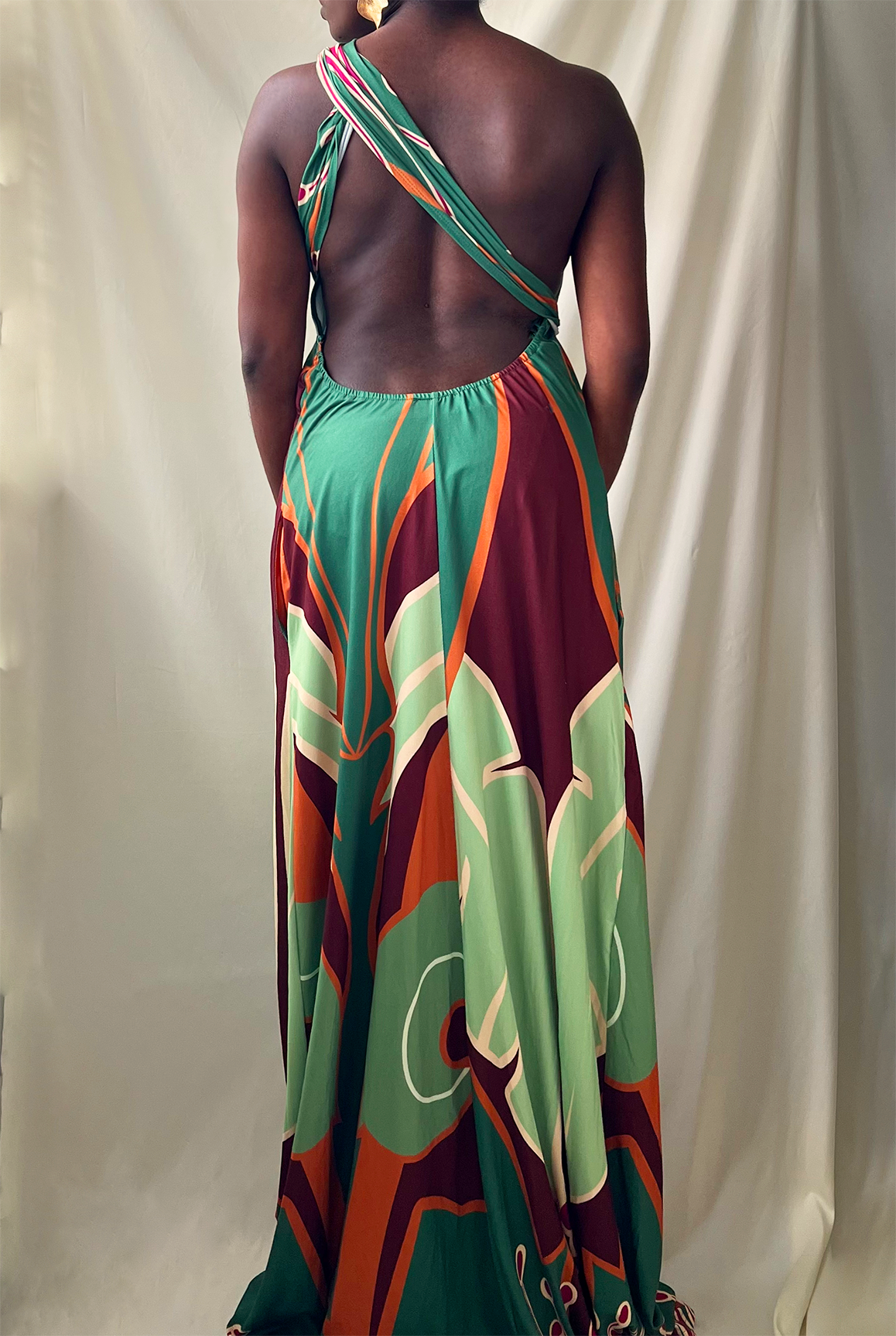 sage green printed open back halter maxi dress