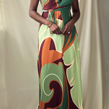 sage green printed open back halter maxi dress