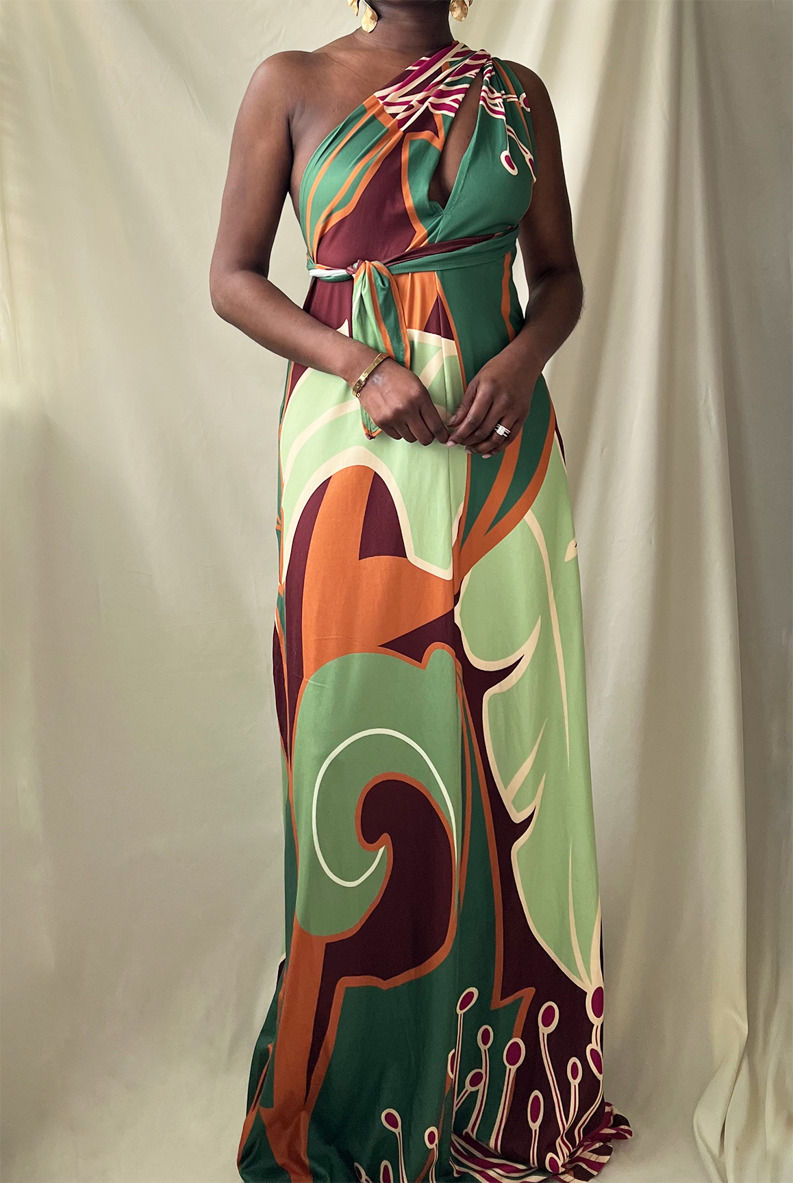 sage green printed open back halter maxi dress