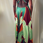 sage green printed open back halter maxi dress