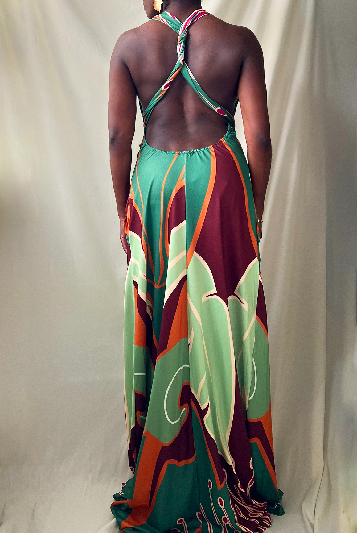 sage green printed open back halter maxi dress