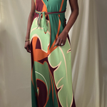 sage green printed open back halter maxi dress